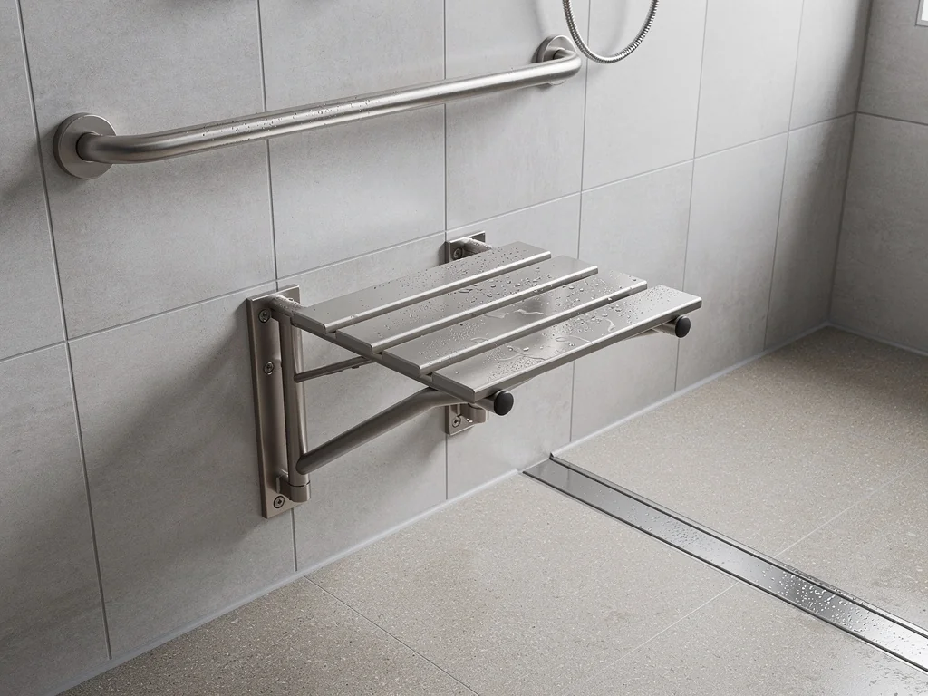 Barre d'appui inox et siège de douche rabattable dans une douche adaptée