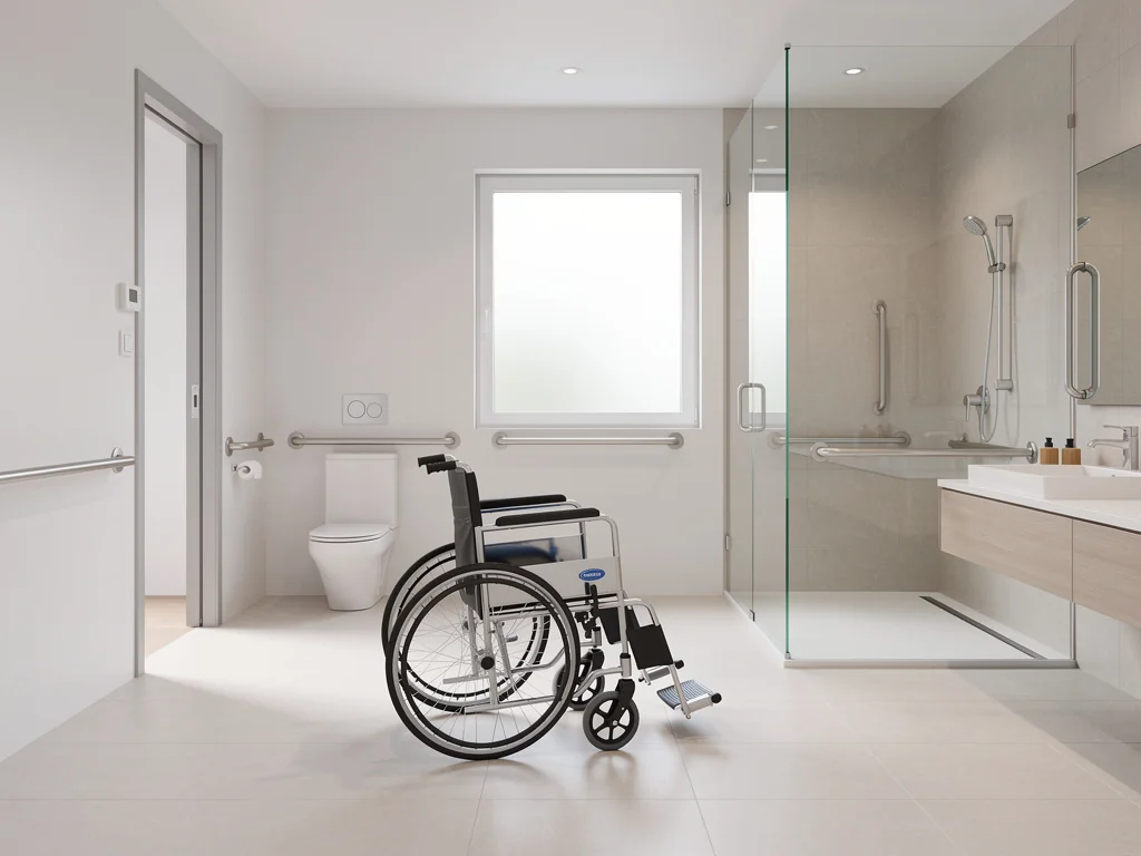 Salle de bain accessible avec aire de rotation dégagée pour fauteuil roulant