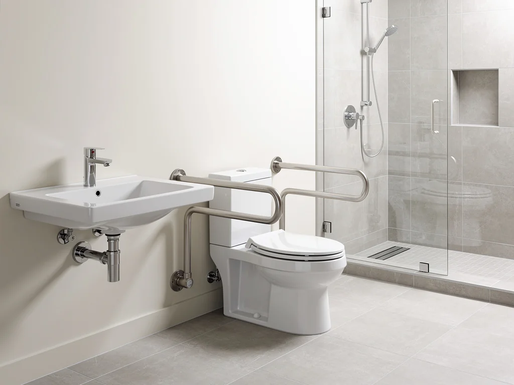 Salle de bain PMR rénovée avec lavabo accessible et WC rehaussé